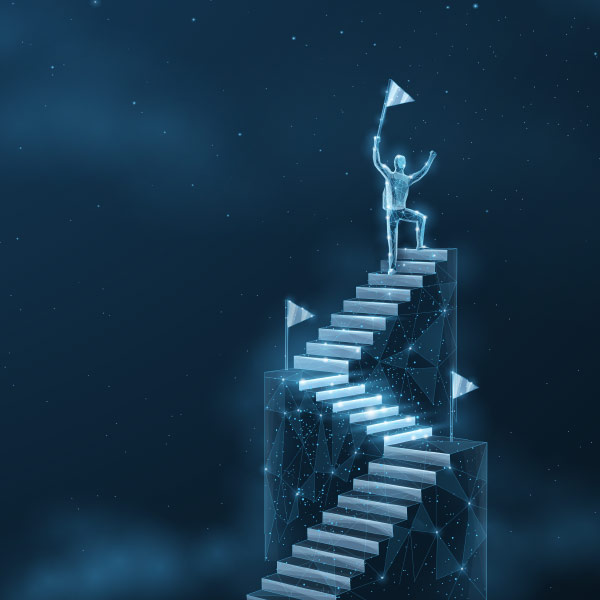 Figure climbing stairs to a flag to represent career growth or paths