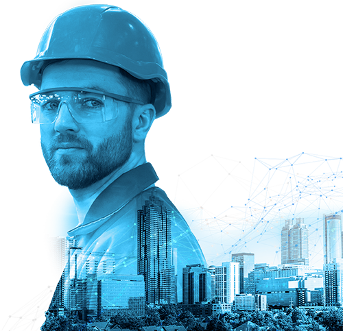 Blue Background Designer with Cityscape